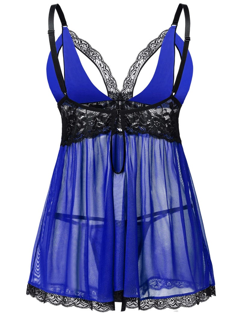 Donnalla Plus Size Babydoll Lingerie Set for Women Sexy Mesh Lace Nightwear Adjustable Straps V Neck Chemise with Panty - Image 2