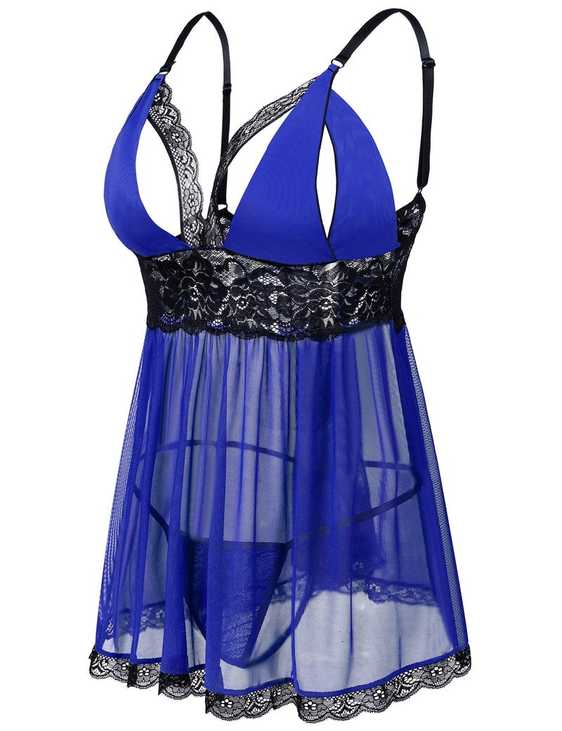 Donnalla Plus Size Babydoll Lingerie Set for Women Sexy Mesh Lace Nightwear Adjustable Straps V Neck Chemise with Panty - Image 3