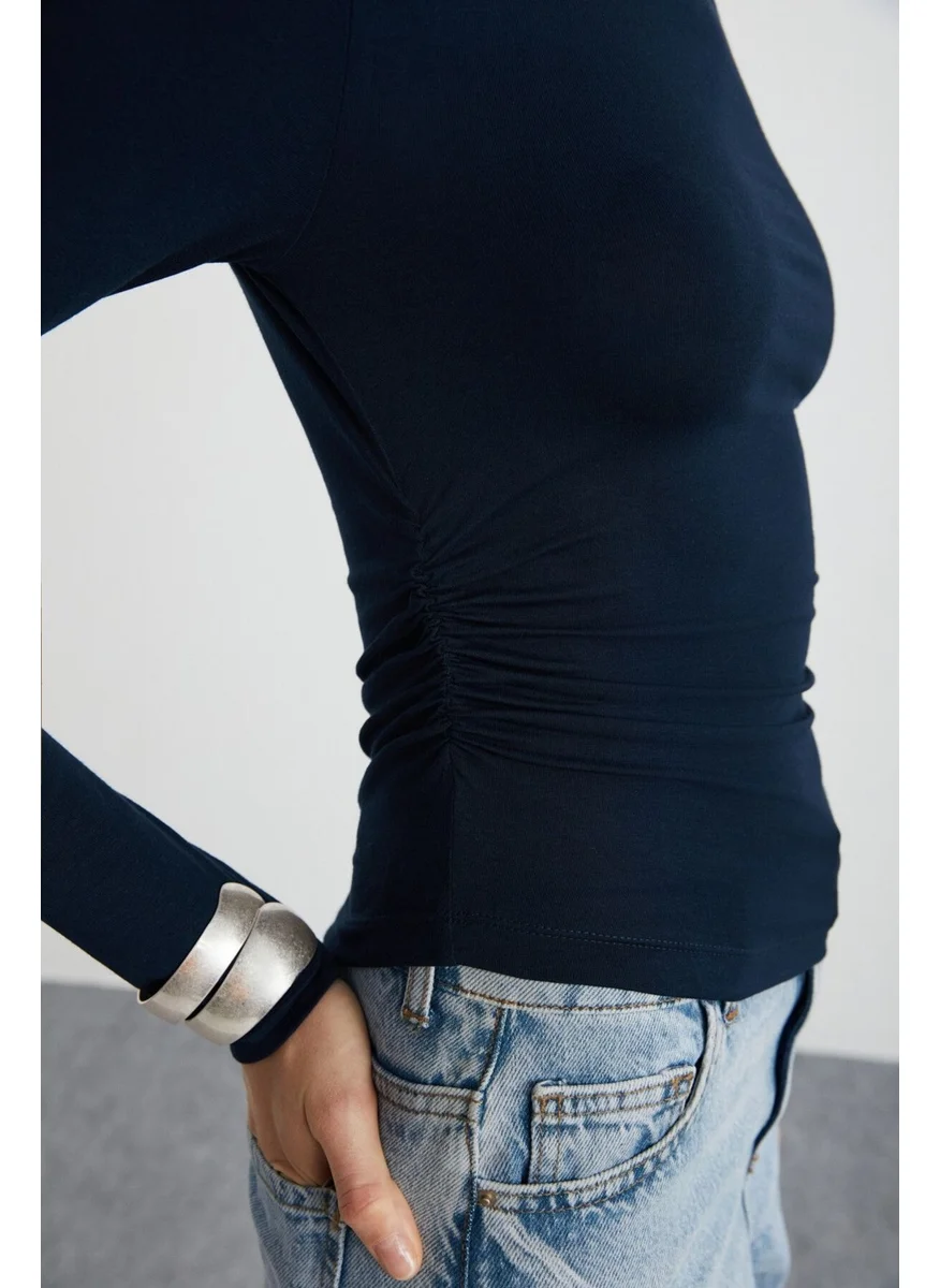 GRIMELANGE Waleska Women's Viscose Boat Neck Slim Fit Navy Blue Blouse
