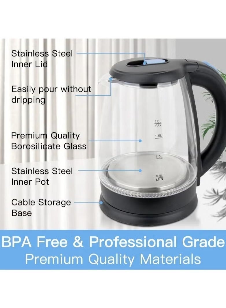 PRIMO PLUS 1.8L Glass Electric Kettle - 1500W Fast Boiling Water Kettle with LED Indicator, Auto Shut-Off & Boil-Dry Protection - Modern Transparent Design for Kitchen & Office - PR649 - Image 2