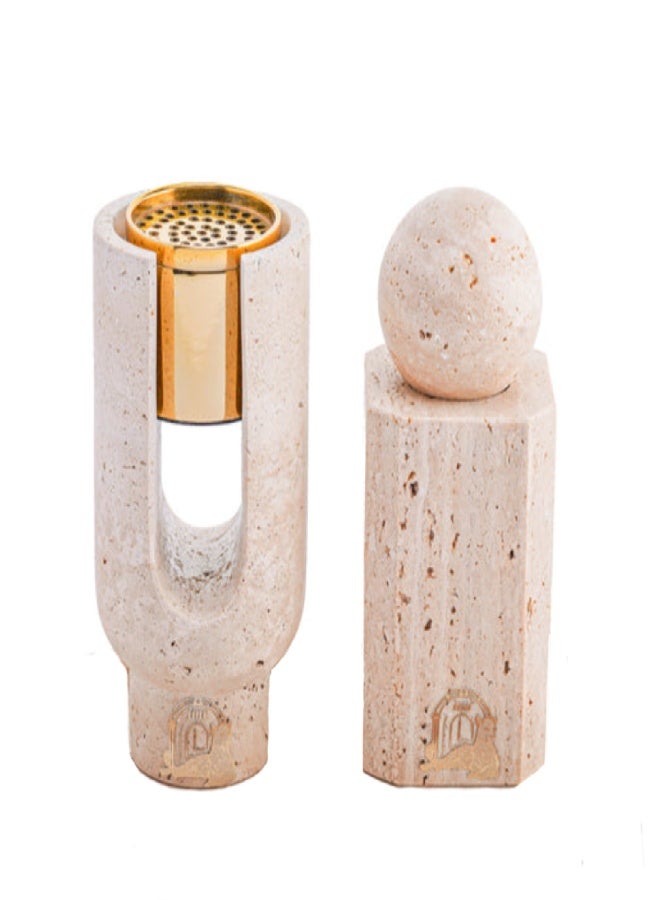 Layers Ofra Beige Travertine Natural Marble Incense Burner Holder with Mini Oud Storage Jar – Elegant Gold Incense Burner, Brush, and Charcoal Tongs – Unique Handmade Design - Image 2