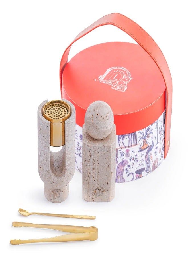 Layers Ofra Beige Travertine Natural Marble Incense Burner Holder with Mini Oud Storage Jar – Elegant Gold Incense Burner, Brush, and Charcoal Tongs – Unique Handmade Design - Image 1