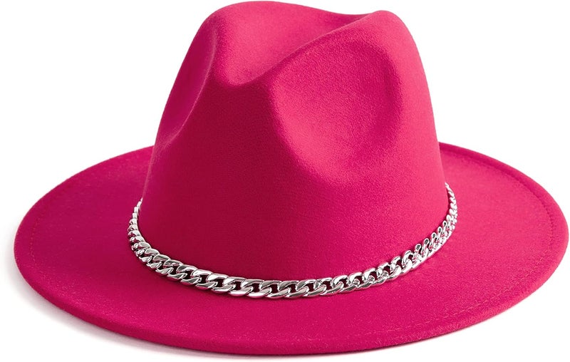 Gossifan Women Men Wide Brim Fedoran Hat with Chain Belt Buckle - Image 1