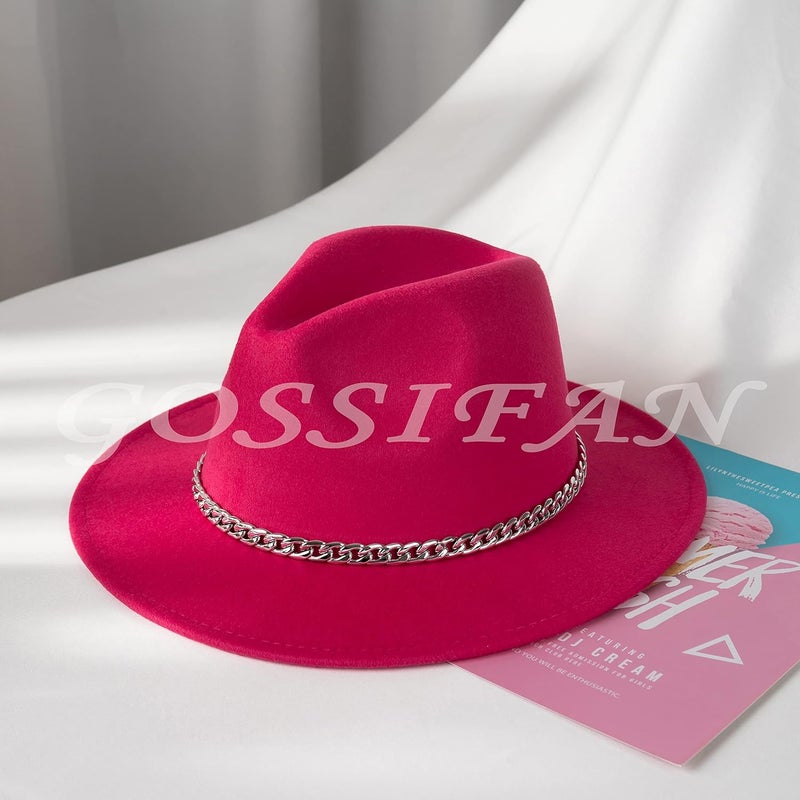 Gossifan Women Men Wide Brim Fedoran Hat with Chain Belt Buckle - Image 4