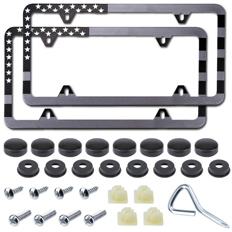 ecocstm 2 Pack American Flag License Plate Frame Holder, Universal Matte Stripe US Flag Patriotic, Stainless Steel Car Plate Frame Covers with Screws Fasteners Caps and Tool - Image 1