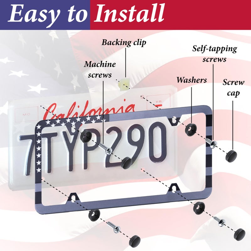 ecocstm 2 Pack American Flag License Plate Frame Holder, Universal Matte Stripe US Flag Patriotic, Stainless Steel Car Plate Frame Covers with Screws Fasteners Caps and Tool - Image 5