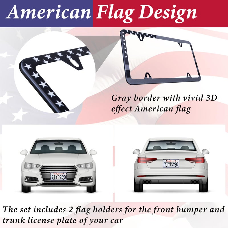 ecocstm 2 Pack American Flag License Plate Frame Holder, Universal Matte Stripe US Flag Patriotic, Stainless Steel Car Plate Frame Covers with Screws Fasteners Caps and Tool - Image 4