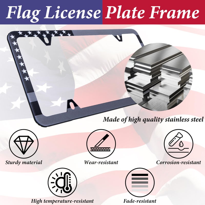 ecocstm 2 Pack American Flag License Plate Frame Holder, Universal Matte Stripe US Flag Patriotic, Stainless Steel Car Plate Frame Covers with Screws Fasteners Caps and Tool - Image 3