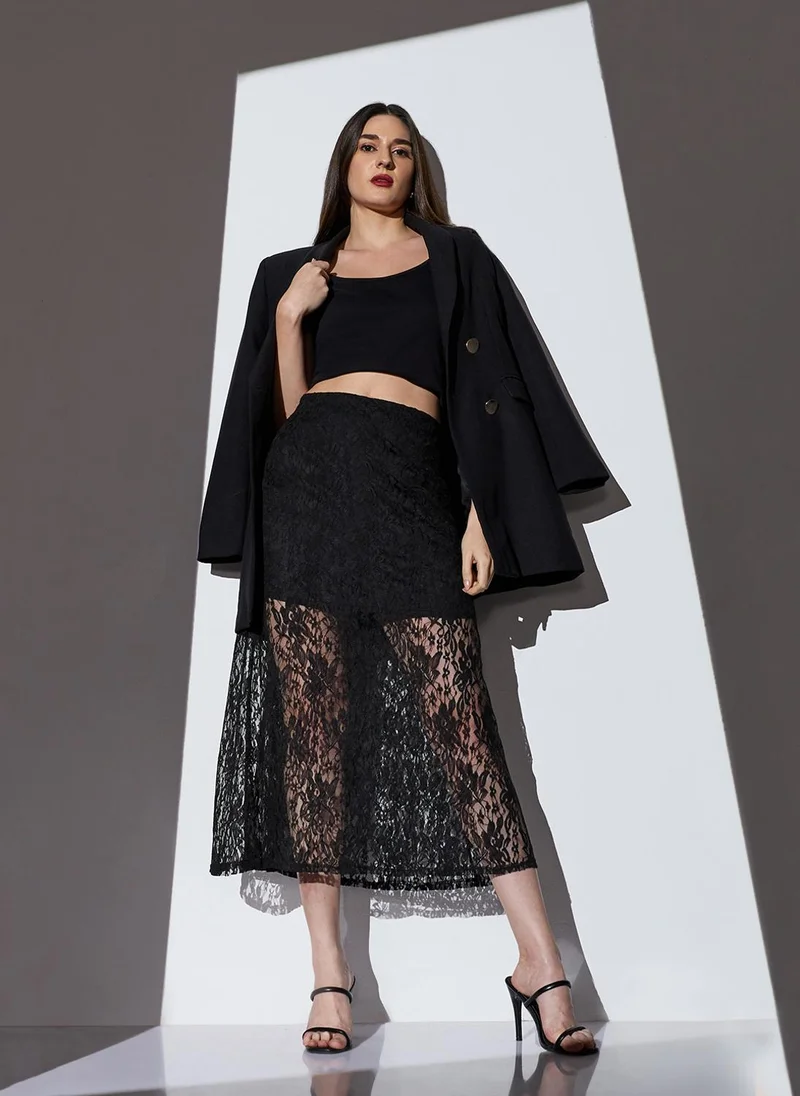 جلو باص Globus Women Black Mid-Rise Self Design Semi Sheer Lace Midi A-Line Party Skirt