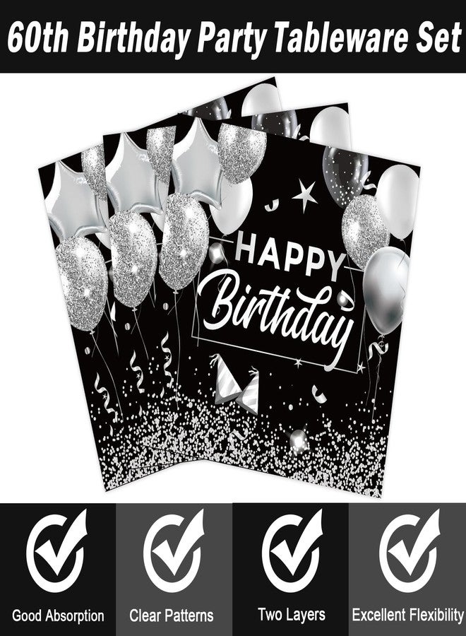 OBUSATT 96PCS 60th Birthday Party Supplies Black and White Silver 60th Happy Birthday Paper Plates Napkins 60th Party Decorations 60 Years Old Dinnerware Party Favor Men Women Tableware Serves 24 - Image 4