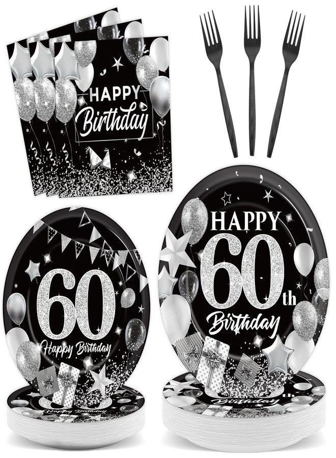 OBUSATT 96PCS 60th Birthday Party Supplies Black and White Silver 60th Happy Birthday Paper Plates Napkins 60th Party Decorations 60 Years Old Dinnerware Party Favor Men Women Tableware Serves 24 - Image 1