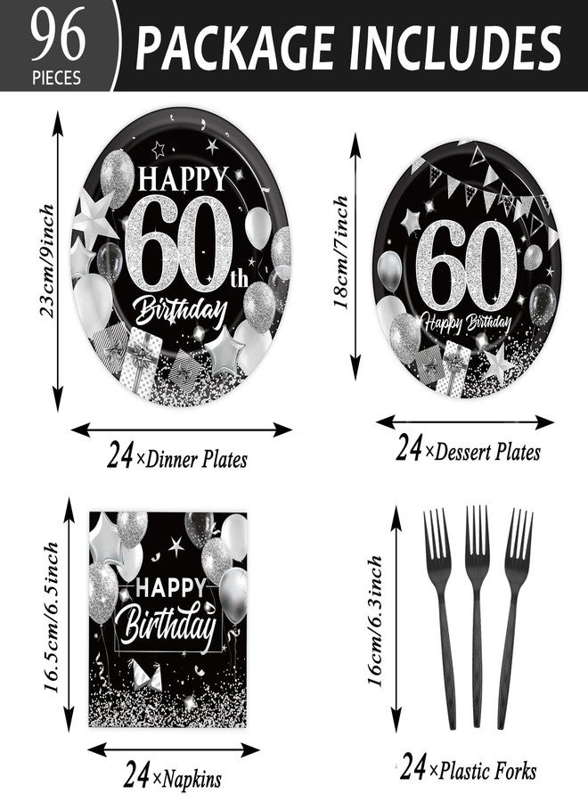 OBUSATT 96PCS 60th Birthday Party Supplies Black and White Silver 60th Happy Birthday Paper Plates Napkins 60th Party Decorations 60 Years Old Dinnerware Party Favor Men Women Tableware Serves 24 - Image 2