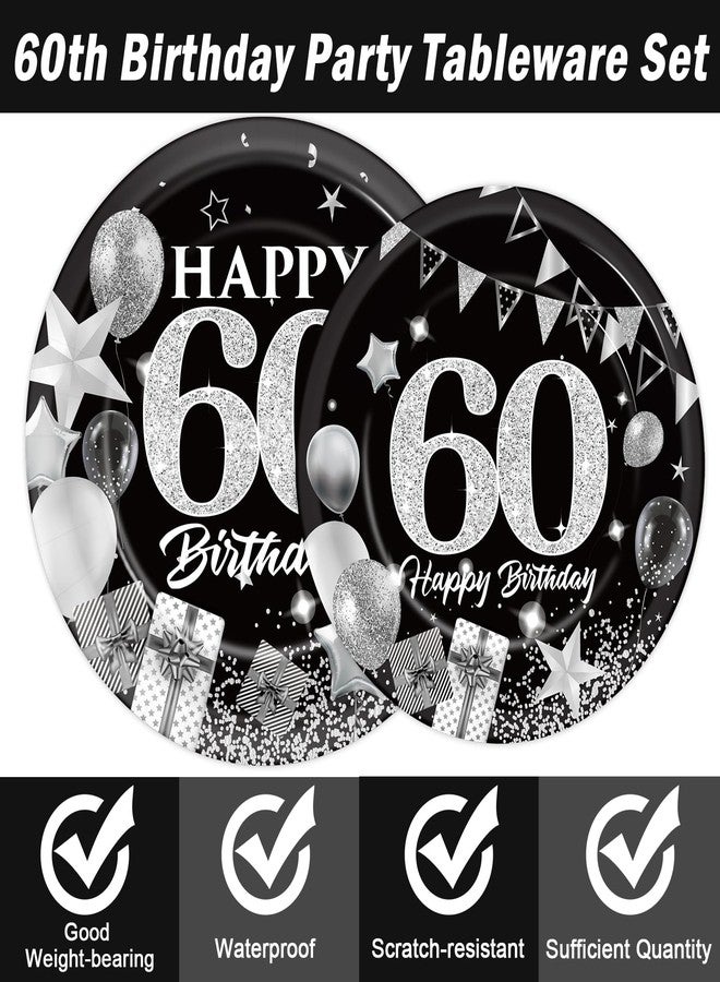 OBUSATT 96PCS 60th Birthday Party Supplies Black and White Silver 60th Happy Birthday Paper Plates Napkins 60th Party Decorations 60 Years Old Dinnerware Party Favor Men Women Tableware Serves 24 - Image 3