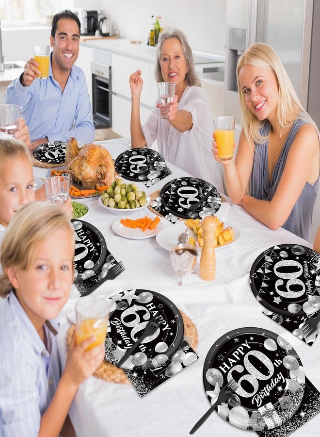 OBUSATT 96PCS 60th Birthday Party Supplies Black and White Silver 60th Happy Birthday Paper Plates Napkins 60th Party Decorations 60 Years Old Dinnerware Party Favor Men Women Tableware Serves 24 - Image 5