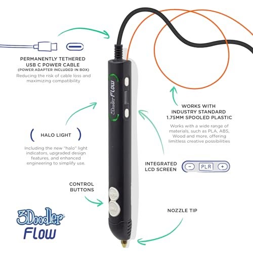 3Doodler Flow 3D Printing Pen for Teens, Adults & Creators! - Black - with Free Refill Filaments + Stencil Book + Getting Started Guide - Image 3