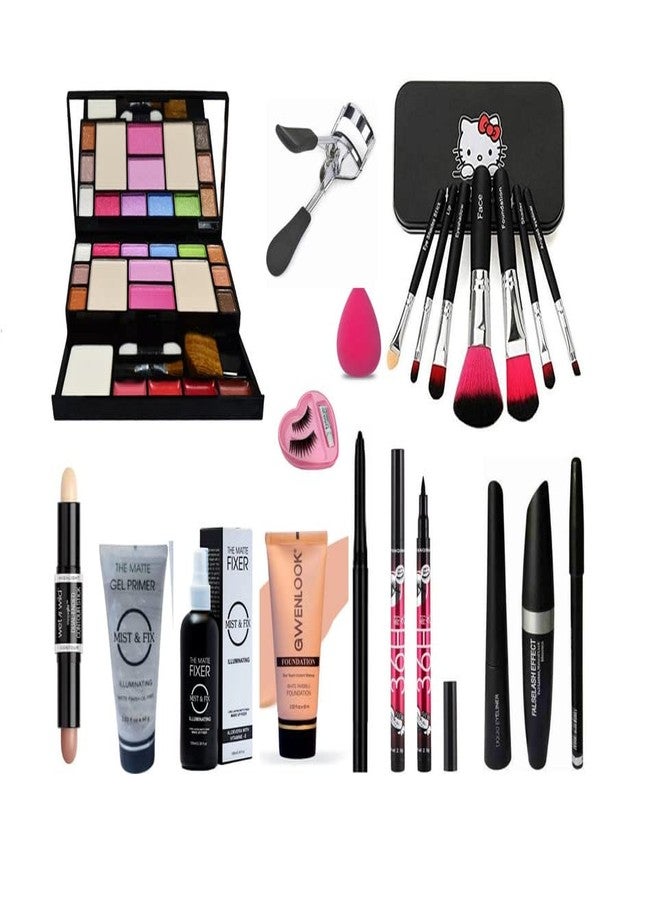 Glowhouse professional makeup combo,eyelashes with eyelashes curler,black hello kitty makeup brush set,eyeliner,contour stick,Mascara set combo (Set of 14) - Image 2