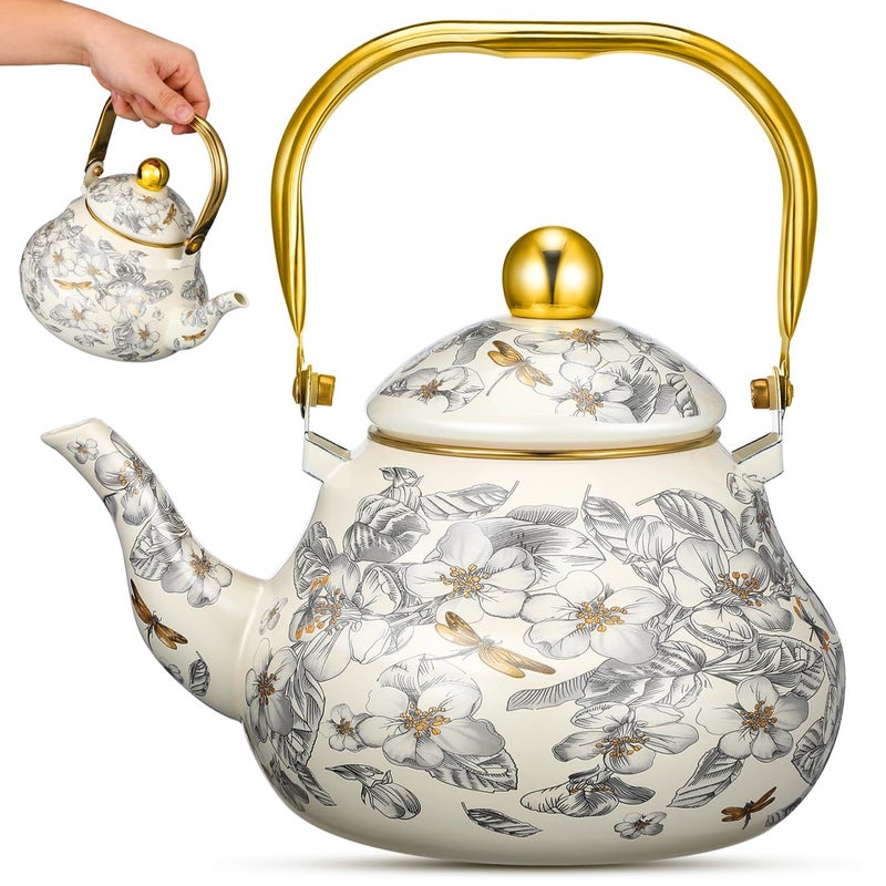 Cabilock 21 Quart Vintage Enamel Tea KettleEnamel Teapot floral with Cool Touch Porcelain Handle for Stovetop Home Kitchen Decor - Image 2