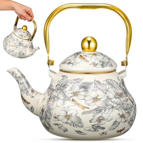 Cabilock 21 Quart Vintage Enamel Tea KettleEnamel Teapot floral with Cool Touch Porcelain Handle for Stovetop Home Kitchen Decor - Image 1