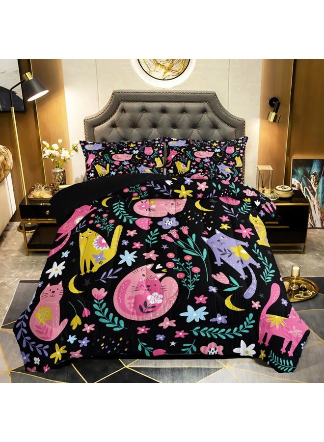 QOOMO Floral Cat Comforter Twin Size,Black Cats Bedding Set for Kids Teens Girls,3Pcs Bedding Set Printed Comforter with 2 Pillowcases,Down Alternative,Soft and Lightweight(Black，Twin Size) - Image 1