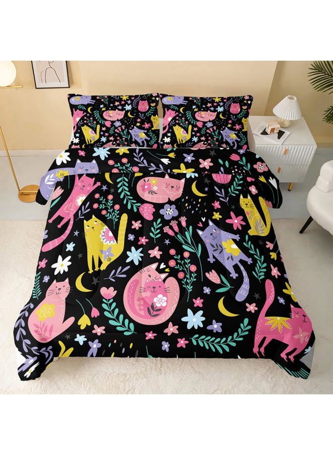 QOOMO Floral Cat Comforter Twin Size,Black Cats Bedding Set for Kids Teens Girls,3Pcs Bedding Set Printed Comforter with 2 Pillowcases,Down Alternative,Soft and Lightweight(Black，Twin Size) - Image 2