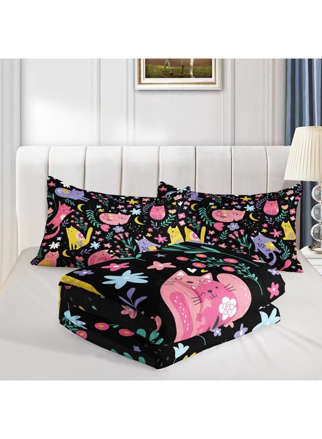 QOOMO Floral Cat Comforter Twin Size,Black Cats Bedding Set for Kids Teens Girls,3Pcs Bedding Set Printed Comforter with 2 Pillowcases,Down Alternative,Soft and Lightweight(Black，Twin Size) - Image 4