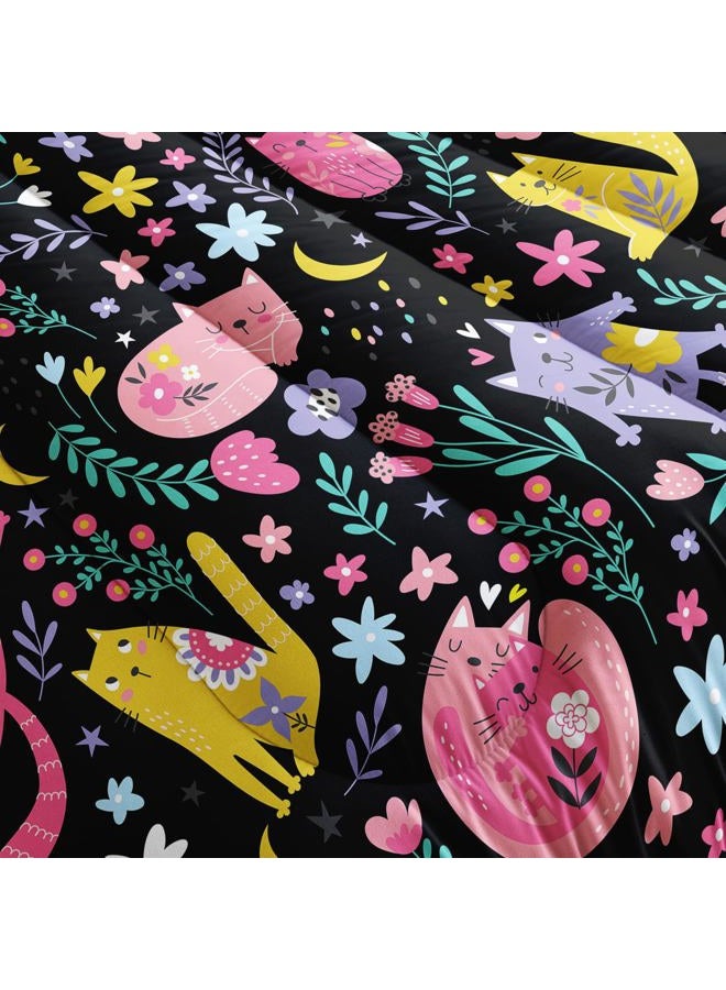 QOOMO Floral Cat Comforter Twin Size,Black Cats Bedding Set for Kids Teens Girls,3Pcs Bedding Set Printed Comforter with 2 Pillowcases,Down Alternative,Soft and Lightweight(Black，Twin Size) - Image 5