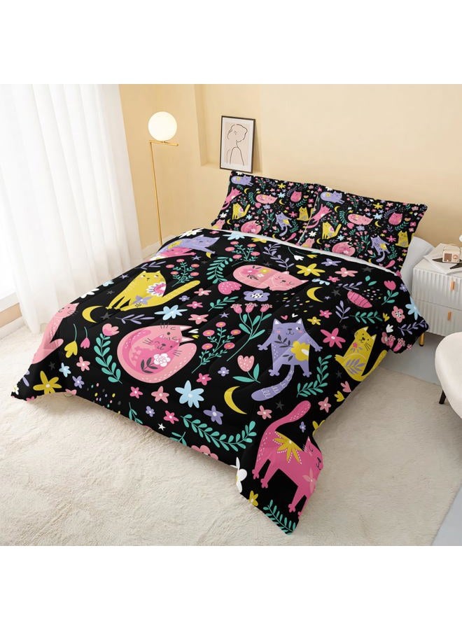 QOOMO Floral Cat Comforter Twin Size,Black Cats Bedding Set for Kids Teens Girls,3Pcs Bedding Set Printed Comforter with 2 Pillowcases,Down Alternative,Soft and Lightweight(Black，Twin Size) - Image 3