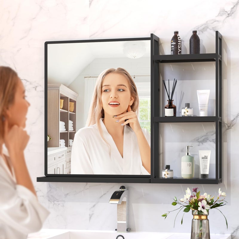 WONSTART Black Metal Framed Bathroom Mirror with Shelf, 24.4 X 31 in Rectangular Wall Mounted Bathroom Vanity Mirror, Modern Bathroom Mirror with Storage for Over Sink, Entryway (Black) - Image 4