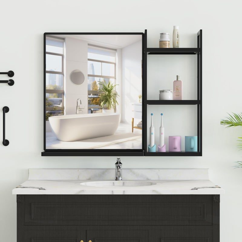 WONSTART Black Metal Framed Bathroom Mirror with Shelf, 24.4 X 31 in Rectangular Wall Mounted Bathroom Vanity Mirror, Modern Bathroom Mirror with Storage for Over Sink, Entryway (Black) - Image 1