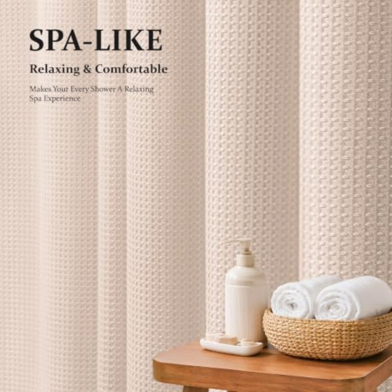 baihuoFabric Shower Curtain - Waffle Weave Textured Heavy Duty Cloth Shower Curtains for Bathroom, 256GSM Hotel Luxury Weighted Bath Curtain Set with 12 Hooks, 72x72 - Image 2