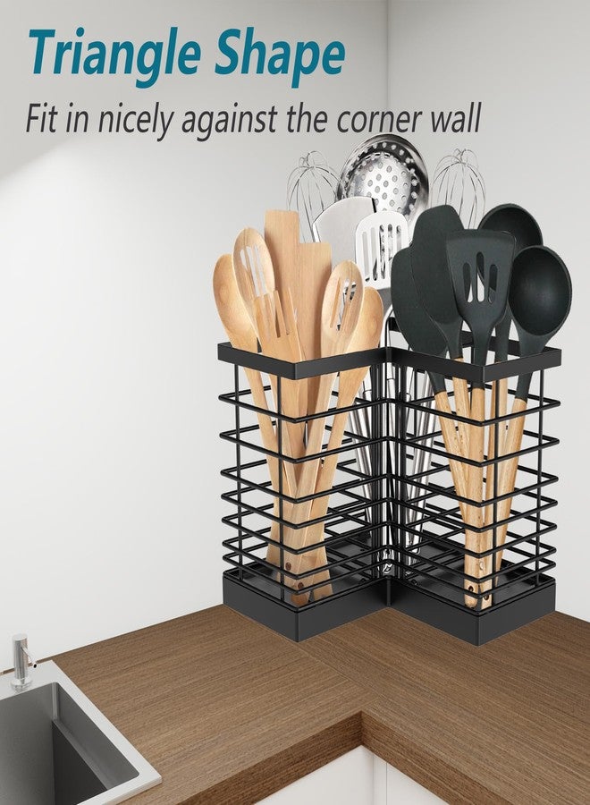 Suli Extra Large Kitchen Utensil Holder with 3 Compartments，Matte Black Metal Corner Kitchen Caddy for Countertop，Farmhouse Rustic Cooking Storage-Black - Image 4