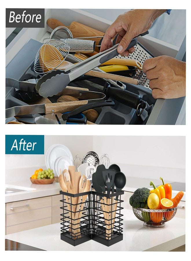 Suli Extra Large Kitchen Utensil Holder with 3 Compartments，Matte Black Metal Corner Kitchen Caddy for Countertop，Farmhouse Rustic Cooking Storage-Black - Image 3