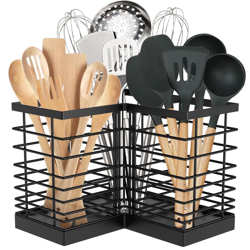 Suli Extra Large Kitchen Utensil Holder with 3 Compartments，Matte Black Metal Corner Kitchen Caddy for Countertop，Farmhouse Rustic Cooking Storage-Black - Image 1