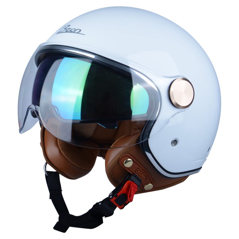 BEON Half 34 Face Motorcycle Helmet DOT Approved Retro Vintage Style Dual Visors Mens and Womens Motorbike Casco for Moped Cruiser Bobber and Chopper XL Glossy White - Image 2