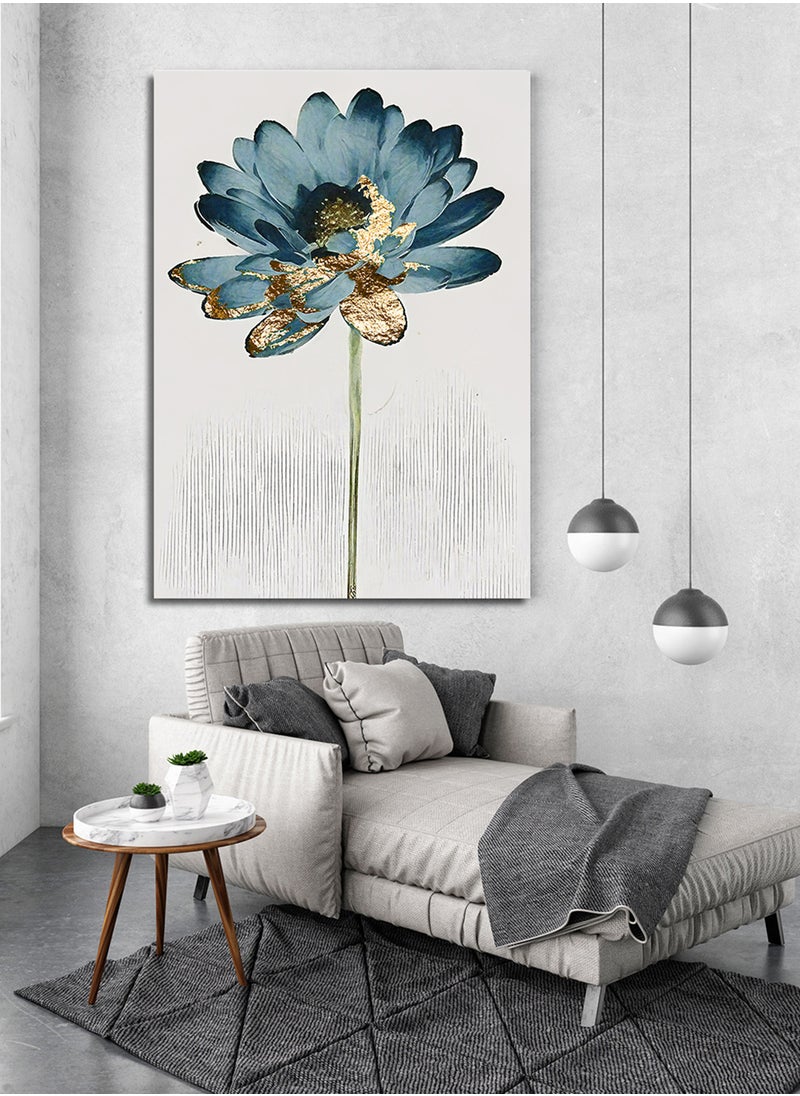 LOWHA Canvas Wall Art Stretched Over Wooden Frame with Blue Flower Abstract Painting  - Image 1