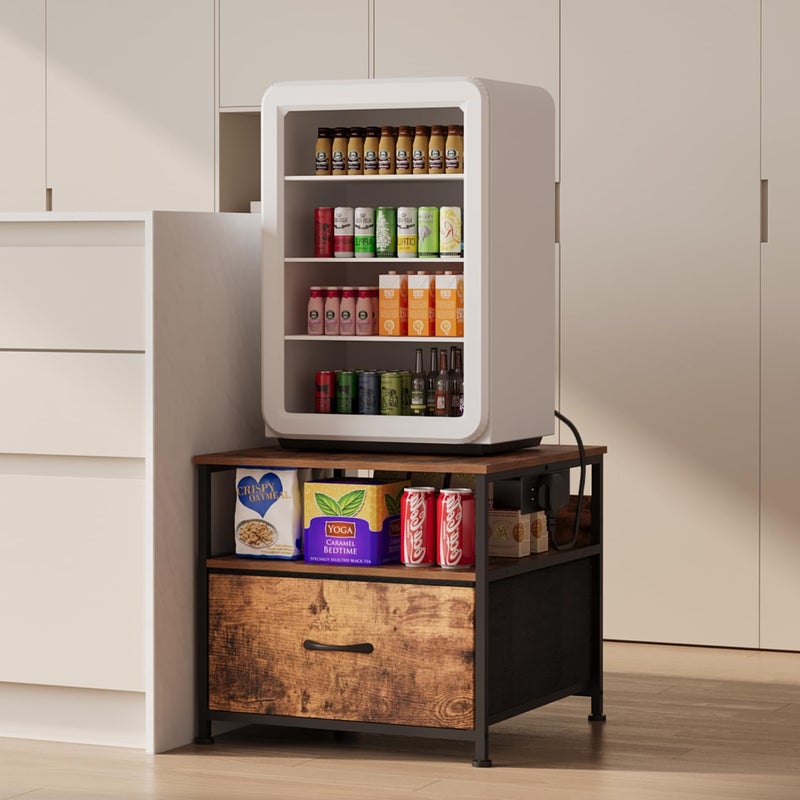Unionly 180 lb Mini fridge Table with Drawer fridge Shelf, Smal fridge cabinet with storage,Heavy Duty Mini Fridge Standwith Charging Station, 4 Adjustable Feet for Home Kitchen Rustic Brown - Image 1
