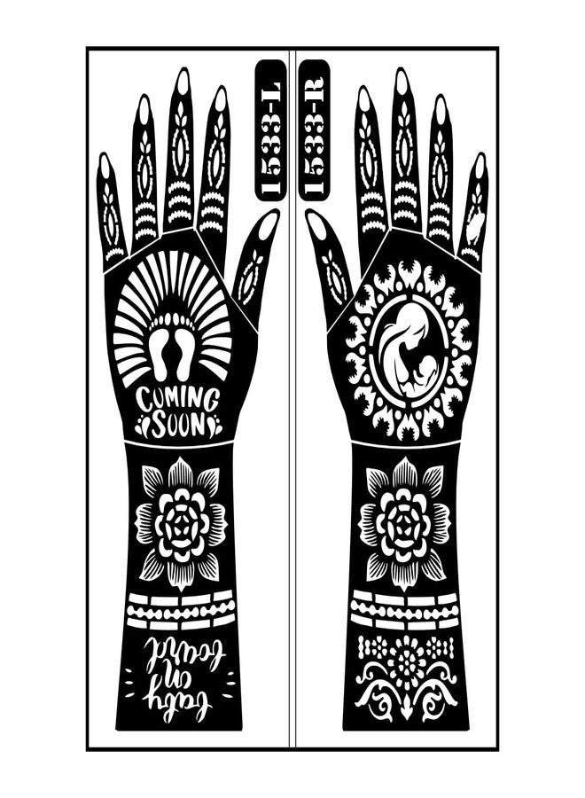 ORDERSHOCK Baby Arrival Announcement Mehndi Stencil With Motherhood Theme And Elegant Full Hand Layout - Image 2