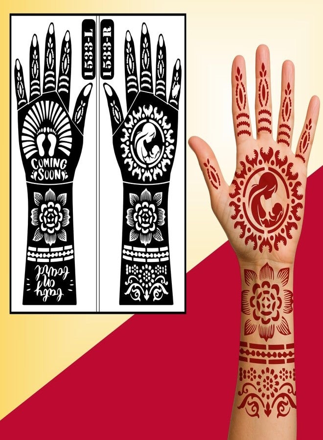 ORDERSHOCK Baby Arrival Announcement Mehndi Stencil With Motherhood Theme And Elegant Full Hand Layout - Image 3