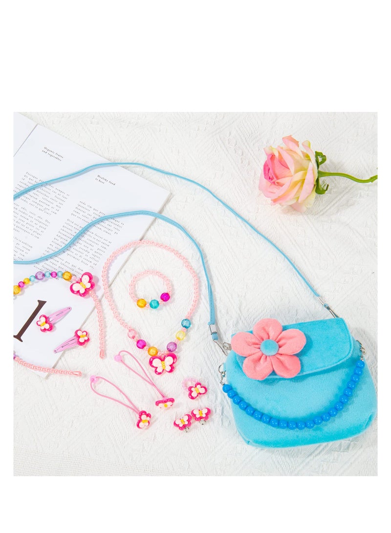Excefore Kids Jewelry Set, Flower Crossbody Bag Purse Gift, Children Blue Handbag with Butterfly Necklace Bracelet Rings Earrings, Princess Role Play Dress Up Jewelry Accessories Party Favors - Image 5