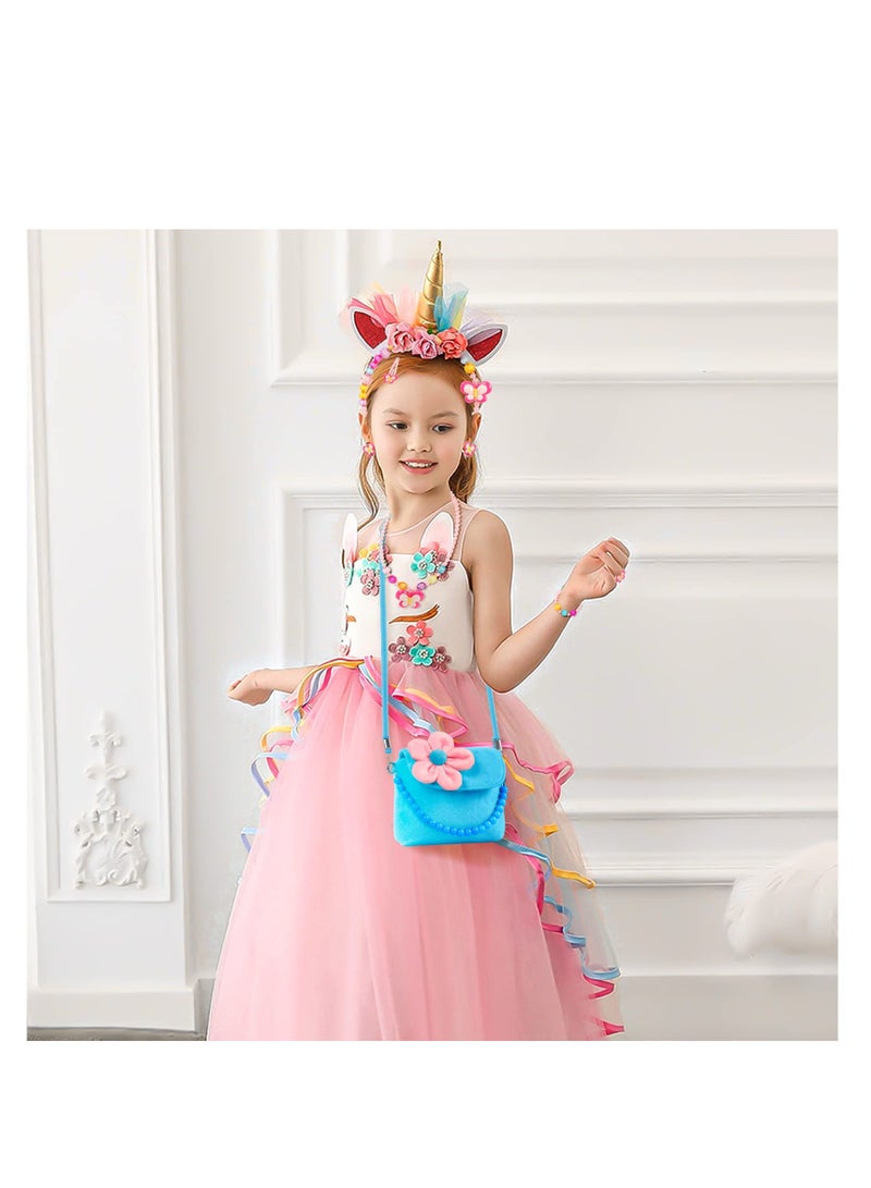 Excefore Kids Jewelry Set, Flower Crossbody Bag Purse Gift, Children Blue Handbag with Butterfly Necklace Bracelet Rings Earrings, Princess Role Play Dress Up Jewelry Accessories Party Favors - Image 2