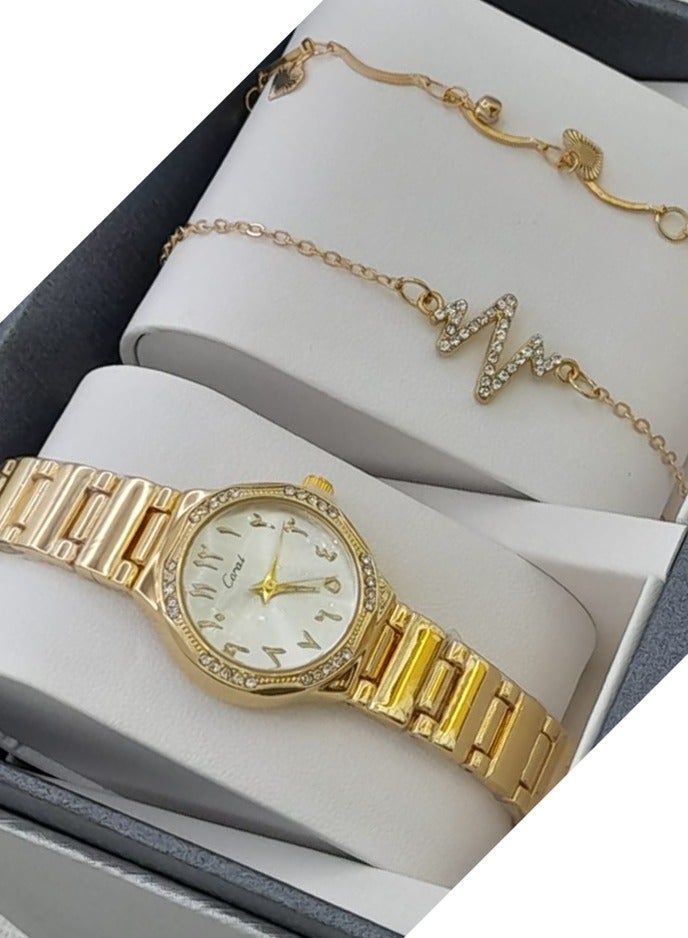 كورال طقم ساعة نسائي  بتصميم انيق مكون من -ساعة - -مع مجموعة اساور