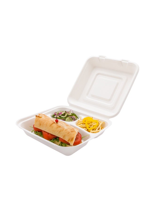 Restaurantware حاوية أخذ الطعام من بقايا قصب السكر، صندوق للذهاب من بقايا قصب السكر، علبة قابلة للطي - مادة قابلة للتخلص منها طبيعية بالكامل ومتينة - 3 أقسام - 25 أونصة - 10 بوصة - 100 علبة - Image 2