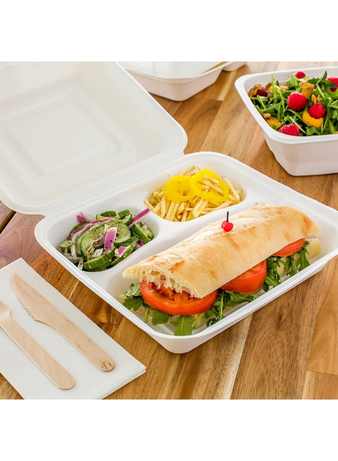 Restaurantware حاوية أخذ الطعام من بقايا قصب السكر، صندوق للذهاب من بقايا قصب السكر، علبة قابلة للطي - مادة قابلة للتخلص منها طبيعية بالكامل ومتينة - 3 أقسام - 25 أونصة - 10 بوصة - 100 علبة - Image 3