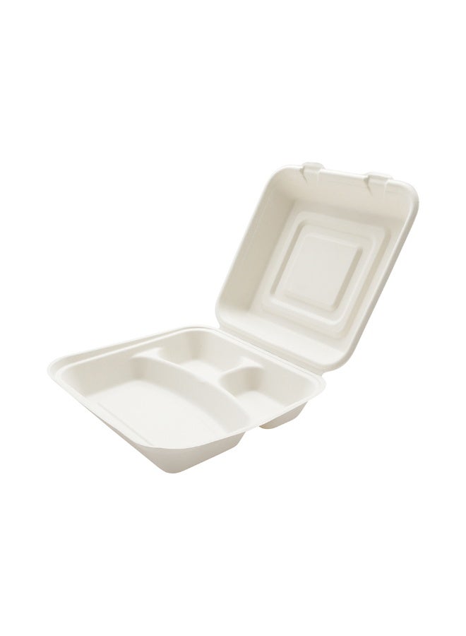 Restaurantware حاوية أخذ الطعام من بقايا قصب السكر، صندوق للذهاب من بقايا قصب السكر، علبة قابلة للطي - مادة قابلة للتخلص منها طبيعية بالكامل ومتينة - 3 أقسام - 25 أونصة - 10 بوصة - 100 علبة - Image 1