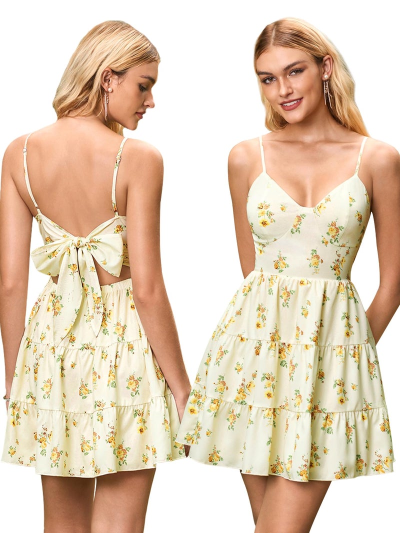 HTZMO Women Casual Summer Floral Mini Sundress V Neck Bow Tie Backless Flowy Cute Graduation Boho Beach Short Dress YellowFloral M - Image 1