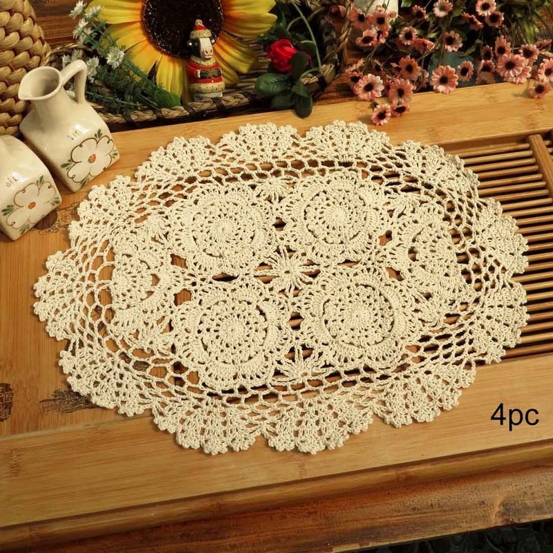 Phantomon Lace Doilies Handmade Crochet Placemats Cotton Doilies Cloth Lace Pack of 4 Oval Shape 12 x 17 inch Beige