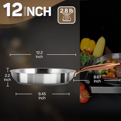 ciwete 12 Inch Tri-Ply Stainless Steel Frying Pan with Brass Cool Handle, Professional Quality Skillet Suitable for All Stove, Oven and Dishwasher Safe, PFOA PTFE PFOS Free, Fast and Even Heating - Image 5