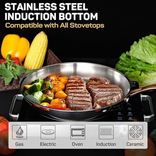 ciwete 12 Inch Tri-Ply Stainless Steel Frying Pan with Brass Cool Handle, Professional Quality Skillet Suitable for All Stove, Oven and Dishwasher Safe, PFOA PTFE PFOS Free, Fast and Even Heating - Image 4