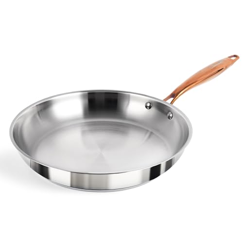 ciwete 12 Inch Tri-Ply Stainless Steel Frying Pan with Brass Cool Handle, Professional Quality Skillet Suitable for All Stove, Oven and Dishwasher Safe, PFOA PTFE PFOS Free, Fast and Even Heating - Image 1