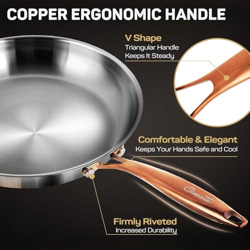 ciwete 12 Inch Tri-Ply Stainless Steel Frying Pan with Brass Cool Handle, Professional Quality Skillet Suitable for All Stove, Oven and Dishwasher Safe, PFOA PTFE PFOS Free, Fast and Even Heating - Image 3